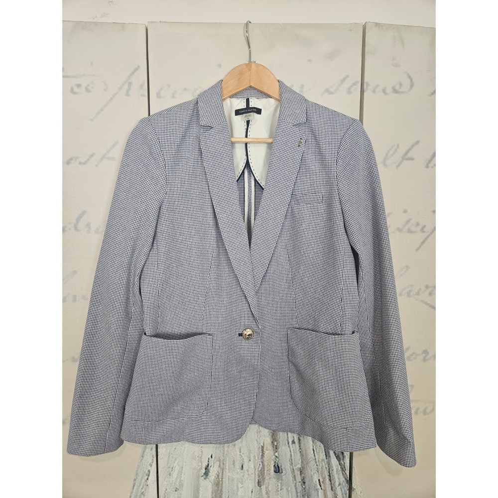 Tommy Hilfiger Womens Navy White Gingham Single Button Blazer Jacket Size 10